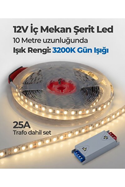 AC AYDINLATMA 10 Metre 12V 3200K Gün Işığı Şerit Led + 12V 25A Slim Led Trafo...