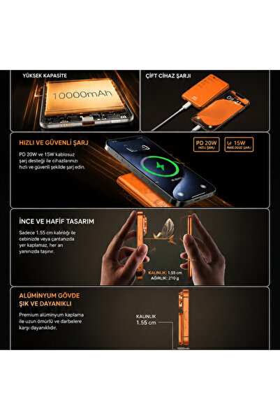 Totu PB-1008 10000 mAh 20W PD QC 3.0 Turuncu MagSafe Manyetik Kablosuz Hızlı Şarj Destekli Slim Powerbank