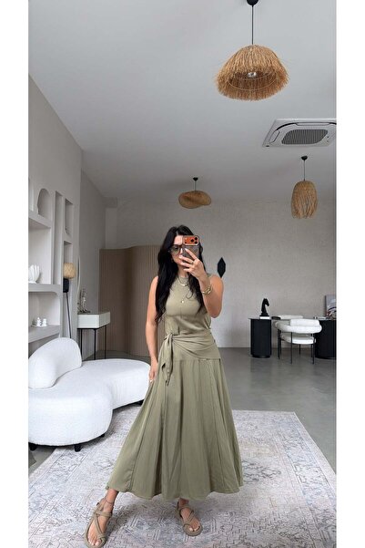 Buket Teke Khaki belted shawl detailed tensel kilosh dress