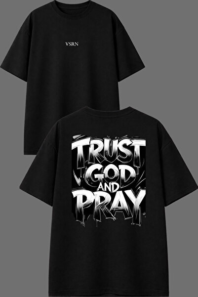 VSRN تي شيرت أسود كبير الحجم مطبوع من الأمام والخلف بتصميم God And Trust