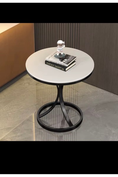 MOVIRA HOME Modern Siyah Metal Ayaklı Mermer Desenli Yan Sehpa