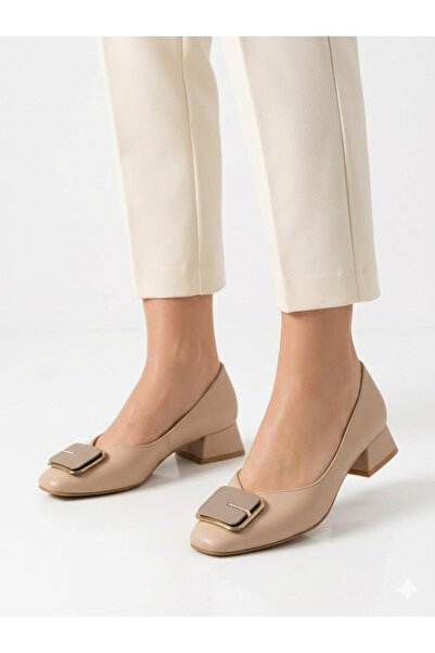 Lütfi Women's Cream Thick Heel Comfortable Fit Heeled Ballerina Shoes