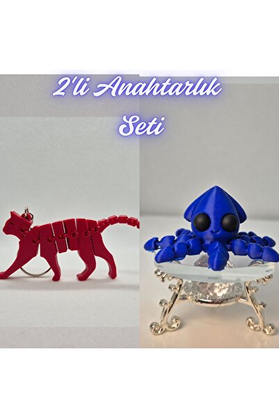 3DAtölyeMaker Fire Department Red Flexible Cat and Blue Squid Keychain