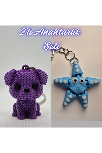 3DAtölyeMaker Purple Knitted Patterned Dog and Light Blue Moving Starfish Key...