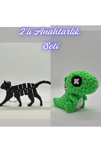 3DAtölyeMaker Black Flexible Cat and Green Knitted Pattern Moving Dino Keychain
