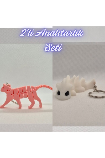 3DAtölyeMaker Light Pink Flexible Cat and White Flexible Dragon Keychain