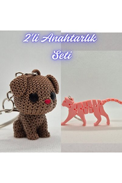 3DAtölyeMaker Dark Brown Knitted Patterned Dog and Light Pink Flexible Cat Ke...
