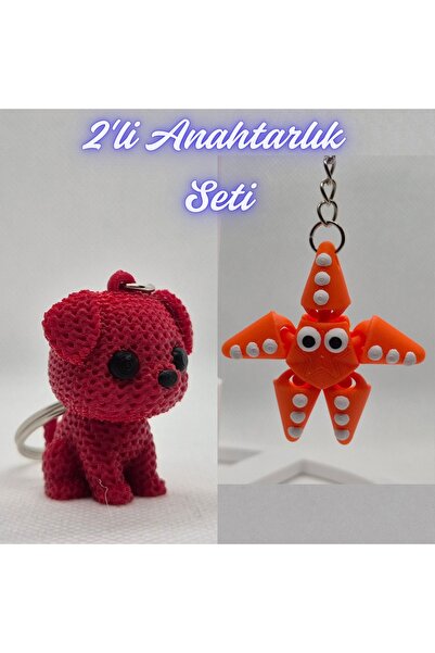 3DAtölyeMaker Fire Engine Red Knitted Patterned Dog and Orange Moving Starfis...