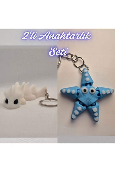 3DAtölyeMaker White Flexible Dragon and Light Blue Moving Starfish Keychain