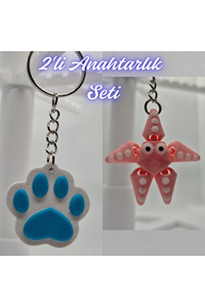 3DAtölyeMaker Light Blue Cat Paw and Pink Moving Starfish Keychain