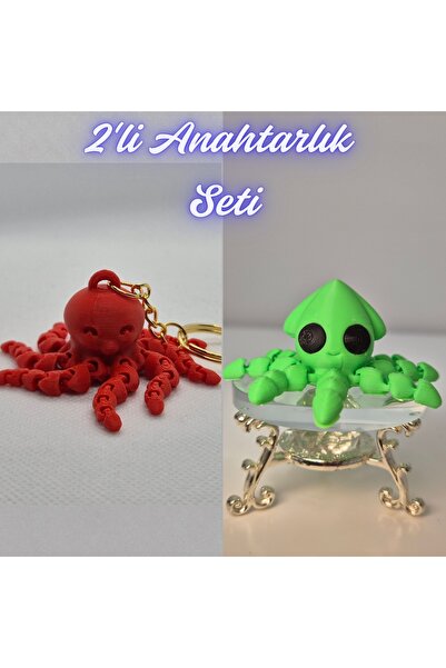 3DAtölyeMaker Pink Octopus and Light Green Squid Keychain