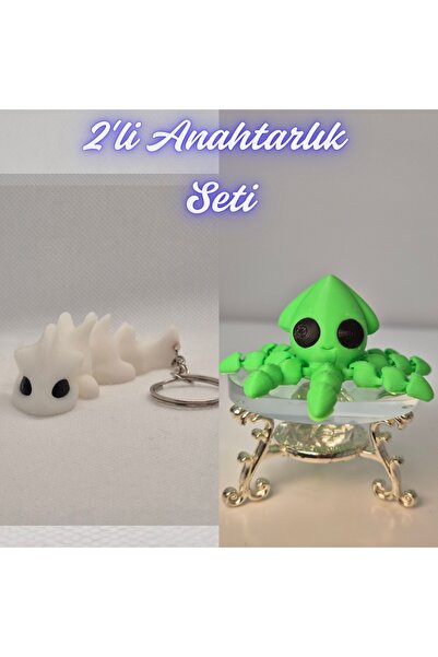3DAtölyeMaker White Flexible Dragon and Light Green Squid Keychain