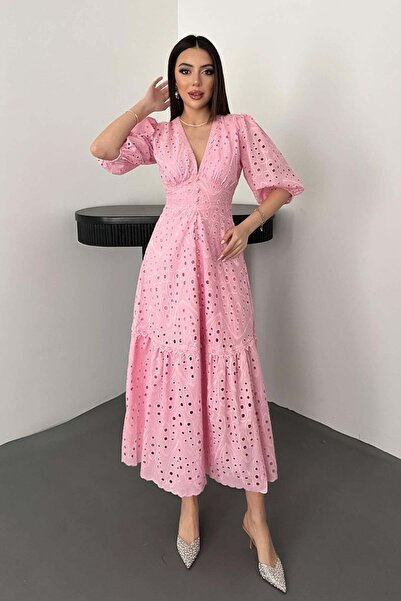 Maxi modena Pink Gathered Detailed Lace Brode Dress