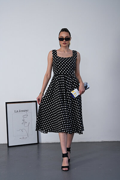 NAVY Strappy Square Neck Polka Dot Patterned Midi Dress