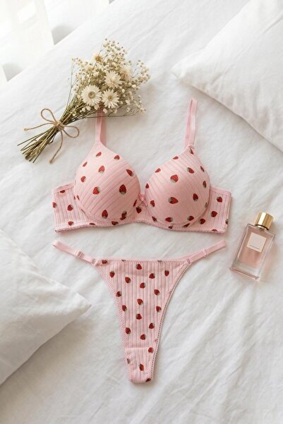 lamelif Corded Strawberry Patterned Supportive Bra Set Powder