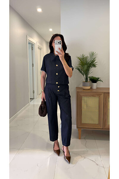BİRCANÇİL Set de pantaloni și jachetă Boilda bleumarin cu nasturi aurii
