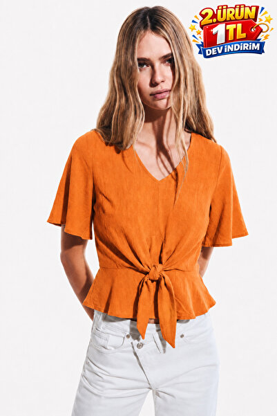 DAMGA JEANS Women's Tied Comfortable Fit Orange Short Sleeve Blouse