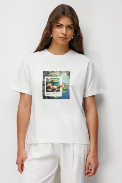 Mizalle Monet Water Lilies Baskılı Suprem Beyaz T-Shirt