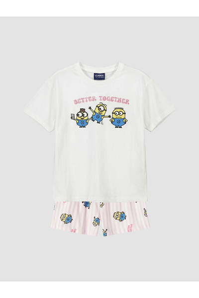 LC Waikiki LCW Kids Ecru Minions šortsevi za devojčice sa printom, pidžama set