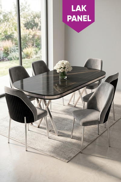 Canisa Lindia Serisi 90x168 Lak Panel Siyah Mermer Desen Krom Ayaklı Masa Tak...