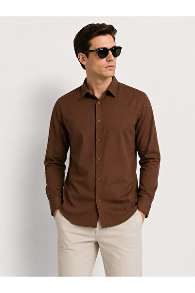 Calpoly Erkek Slim Fit Kahverengi Gömlek – Premium Kumaş Modern Kesim Şık Cas...