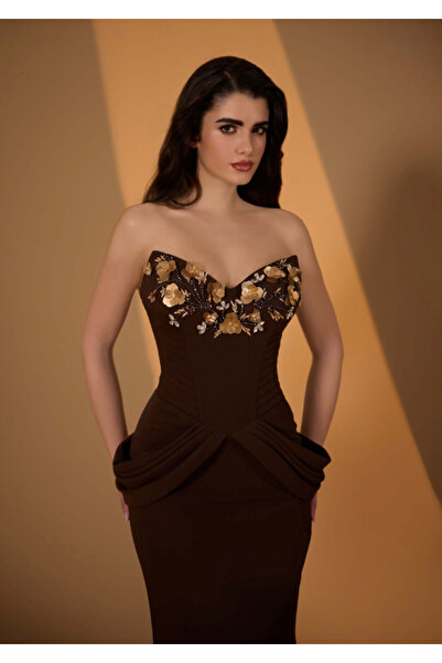 Alinexclusive KADIN ABİYE KORSAJLI DRAPE VE İŞLEME DETAYLI ŞIK UZUN ELBİSE