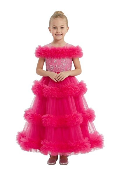 Bidani - Girls Hot Pink Tiered Tulle Ball Gown - 5Y to 13Y