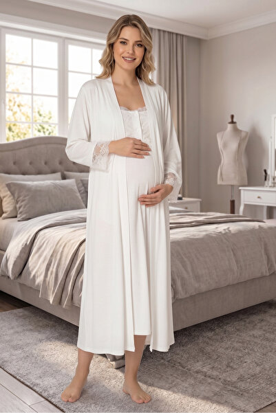 BLACKMORE Women's Ecru Cotton Lace 2-Piece Maternity Nightgown and Dressing G...
