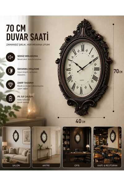 Atak Hediyelik Dekoratif Oval eskitme sessiz akar Duvar saati polyester 70 cm