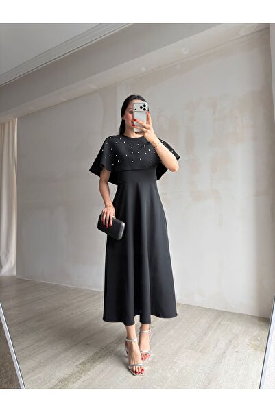 Mooi Butik Tate Stoned Cape Midi Dress 4387 - Black