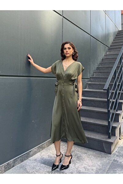 Butik Kadın Saten Midi Elbise Yırtmaçlı Kruvaze Şık Davet Mezuniyet Abiye Elbise