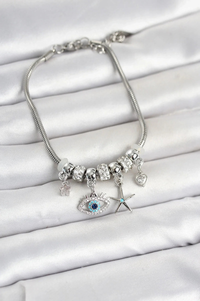 USLUCAN ALIŞVERİŞ Brass Silver Color Eye Model Charm Women's Bracelet
