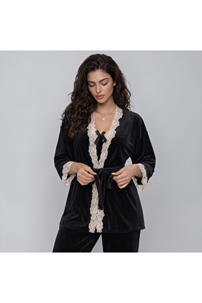 VELVIA Velvet 3 Piece Pajama Set Robe and Pants and Cami Top with Lace Detail