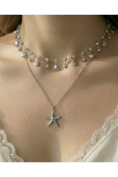 Gleemy accesories Gümüş Renk zirkon taşlı Deniz Kabuğu & Deniz Yıldızı Figürl...