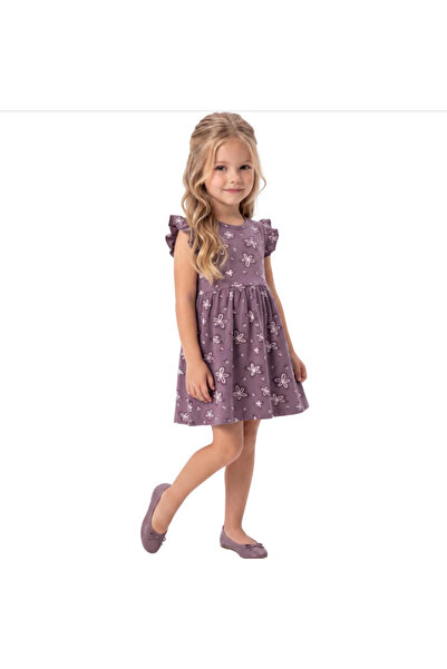 osso kids Pamuklu Kız Çocuk Çiçekli Kısa Kol Elbise Mor 2Y,3Y,4Y,5Yaş