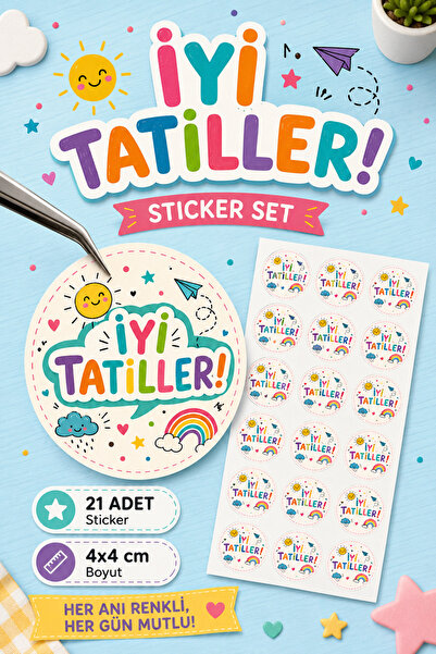 Sticker Ekspres 21 Adet İyi Tatiller Etiketi Yaz Okul Tatili Hediye Paketleme...