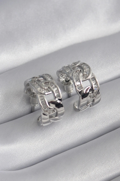 USLUCAN ALIŞVERİŞ Brass Silver Color Zircon Stone Chain Model Women's Earrings