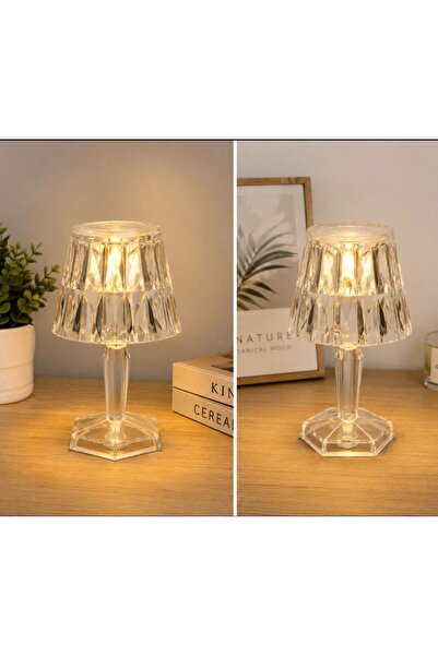 Nikadu Plastik 3'Lü Led Masa Lambası Pilli Kristal Elmas Şeffaf Abajur 12 Cm