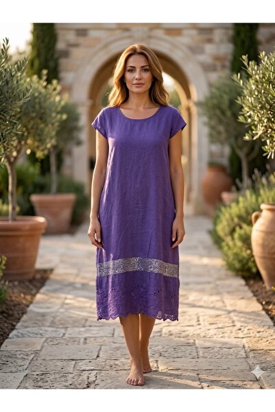 Punta Otantik Nc22611 Italian Skirt Guipure and Sequin Detail Linen Dress Purple