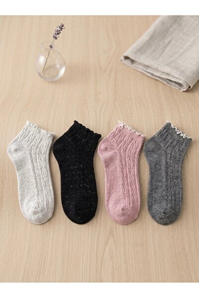 H&N Set of 4 Nope Detailed Embossed Patterned Ruffled Women's Short Socks