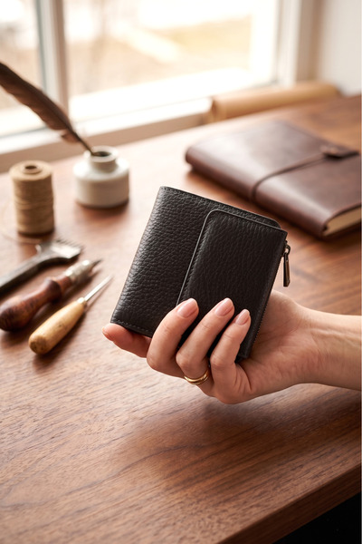 willpolo Genuine Leather Zippered Coin Compartment Snap Fastener Small Size W...