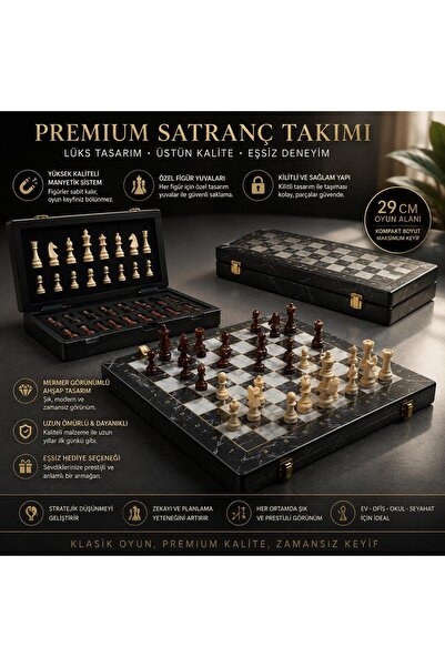 e-life shop Lüks Mermer Görünümlü Ahşap Manyetik Satranç Takımı 29 cm Katlana...