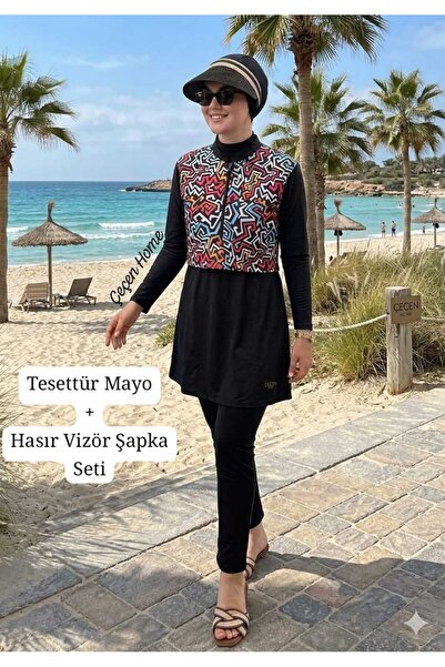 ÇEÇEN HOME Set costum de baie cu jumătate de fermoar și pălărie cu vizor, mod...