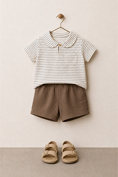 Tifina Kids Baby Boy 2-Piece Set Polo Collar Striped Muslin T-Shirt Muslin Sh...