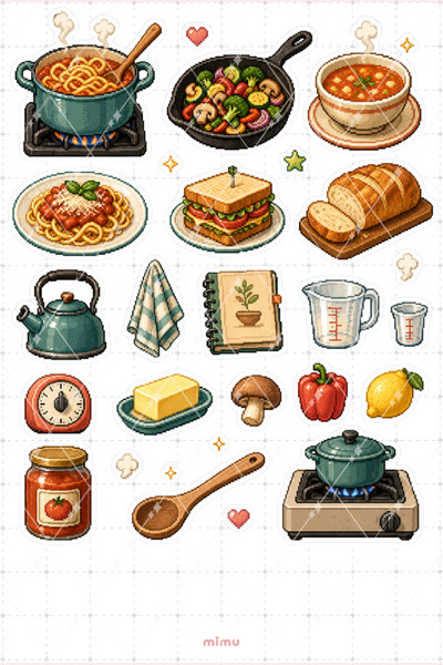 Mimu Art Studio Pixel Art Yemek Yapma Sticker Seti Mutfak ve Tarif Temalı Dek...