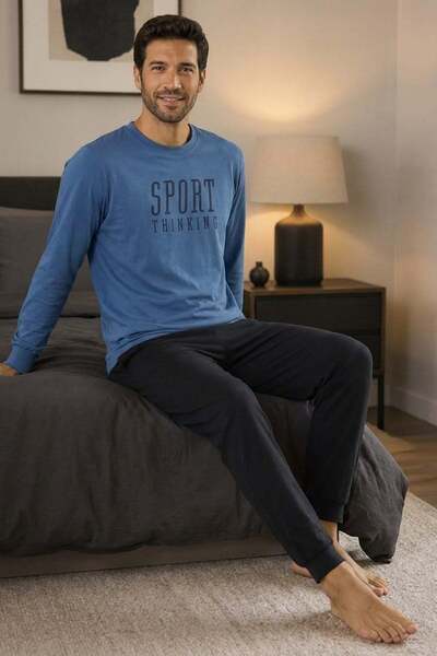 PİJAPİA Men's Long Sleeve 100% Cotton Pajama Set Blue