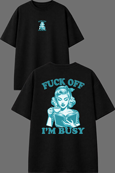 VSRN Tricou negru supradimensionat cu imprimeu în față și în spate, cu design...