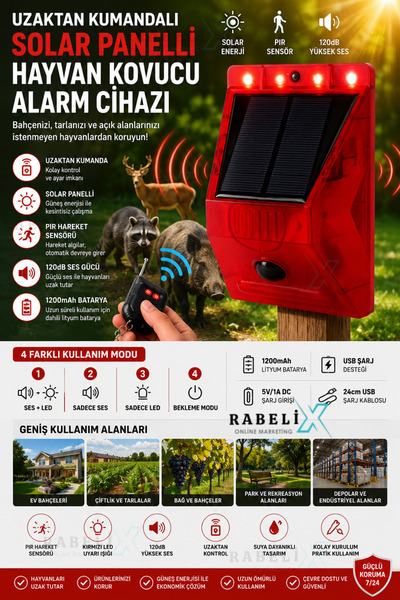 Rabelix Online Marketing Güneş Enerjili Hayvan Kovucun 120dB Sesli LED Uyarıl...