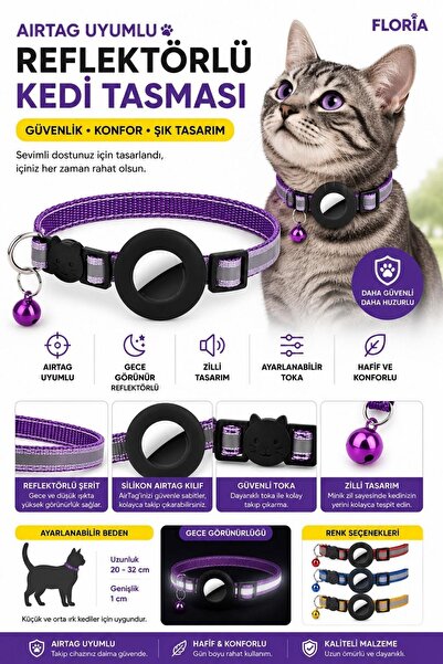 Floria Reflektörlü AirTag Kedi Tasması - Zilli Güvenlik Tokalı Tasma