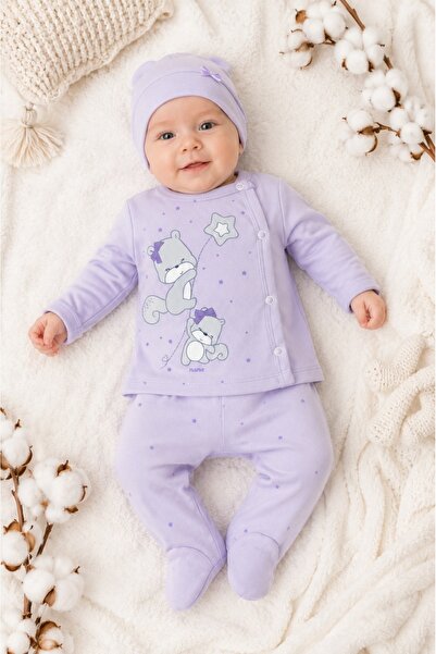 Pure Boutique Compleu bebe mov lila cu caciulita si imprimeu veverite din bumbac